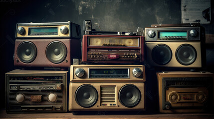 Fototapeta premium Vintage radio boomboxes lining the wall from the 1980s, Generative AI
