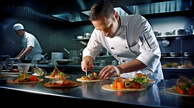 gourmet chef preparing food in kitchen