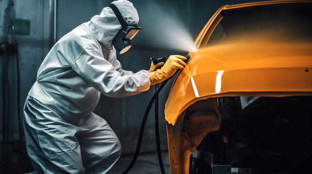 Car painter in protective clothes and mask painting a car, mechanic using a paint spray gun in a painting chamber. Paint job, car service, garage. Generative AI