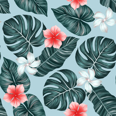 Tropical seamless pattern. Colorful vivid print with beautiful palm jungle leaves and flowers. Repeated luxury design for packaging, cosmetic, fashion, textile, wallpaper. Realistic high quality