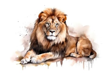 Obraz premium Watercolor illustration of a lying lion on white background. Generative AI.