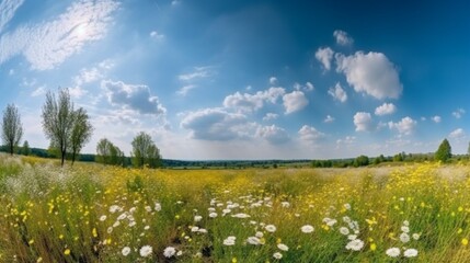 Fototapeta na wymiar 青空を背景にした草原の黄色い花やデイジーのある美しい春の風景。自然な夏のパノラマGenerativeAI