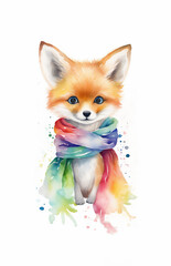 Cute watercolor red fox illustration wearing a colorful scarf, isolated on white background, nursery wall art, generative ai
ai generated