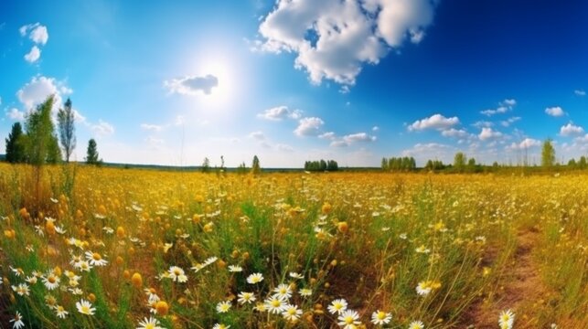 青空を背景にした草原の黄色い花やデイジーのある美しい春の風景。自然な夏のパノラマGenerativeAI