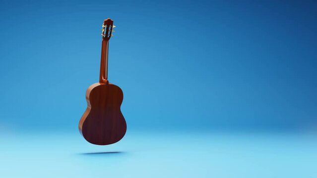 Classical Guitar Spinning on a Studio Blue Background, Seamless Loop 3D Animation with Copy Space