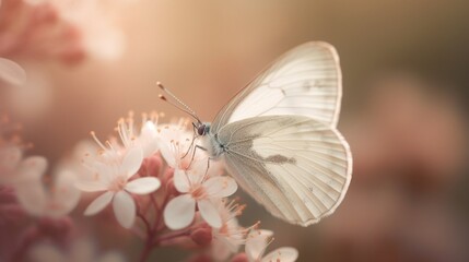 繊細なピンク色のロマンチックな自然の花の背景と花の上の白い蝶、美しいボケとパステルカラーの柔らかい昼間に、クローズアップマクロGenerativeAI - obrazy, fototapety, plakaty