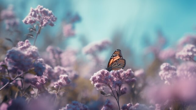 草原に咲くふわふわとした空気のようなライラックの花と、青空に舞う蝶を背景にした、春のナチュラルブルーの花柄。夢見るような優しい空気のアーティスティックなイメージ。ソフトフォーカスGenerativeAI