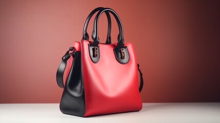 美しいステータスのトレンディな滑らかな女性のハンドバッグ、赤黒色、明るいスタジオの背景GenerativeAI