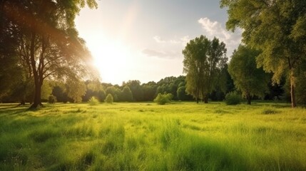 美しい夏のワイドスクリーン、太陽に照らされた草原のある公園の自然風景GenerativeAI