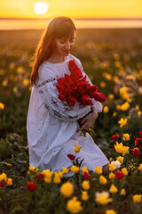 Naklejka premium Woman field tulips sunset. Woman against sunset and wild tulip flowers, natural seasonal background. Multi-colored tulips Tulipa schrenkii in their natural habitat are listed in the Red Book.