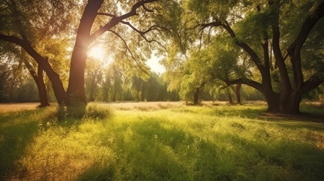 美しい夏のワイドスクリーン、太陽に照らされた草原のある公園の自然風景GenerativeAI