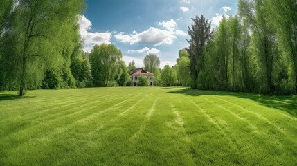 明るい夏の日、木々や低木に囲まれた手入れされた田舎の芝生の美しいワイドフォーマットの画像。春 夏 自然GenerativeAI