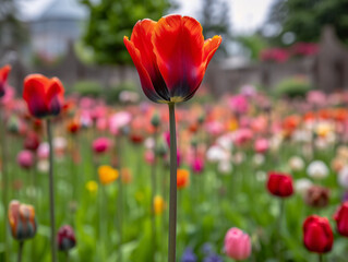Nature's Beauty: A Close-Up of a Red Tulip in a Garden Bed (Generative AI)
