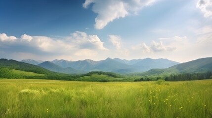 緑の草原、青空、雲、山々を背景にしたパノラマ自然風景。夏の春の草原をパノラマで表現しました。浅い被写界深度GenerativeAI