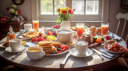breakfast table setting with flowers