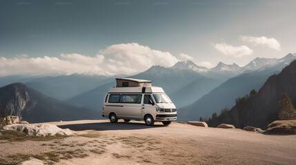 A white camper van is parked on rocky ground in front of mountains, in the style of photo-realistic landscapes, Generative AI