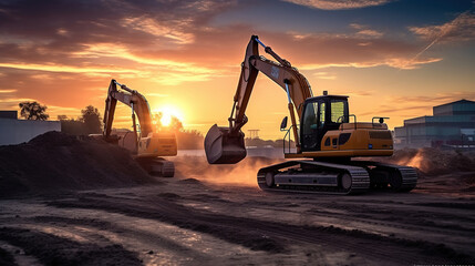 Excavators Hard at Work on the Building Site in sunset background. Generative AI
