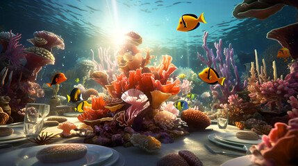 Underwatere dinner with coral reef and fishes