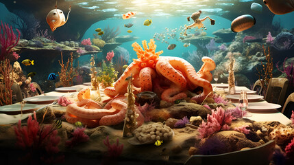 Underwatere dinner with coral reef and fishes