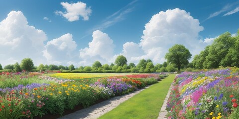 青空快晴の花畑　白い雲　generative ai