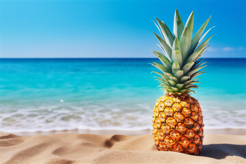Pineapple sitting on a beautiful beach sand,  summer photo, holiday concept, ai generated, generative ai