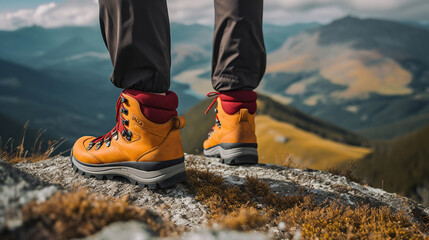 Red, yellow trekking shoes of a hiker crossing a mountainous area at the top of a hill. Generative AI
