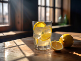 Glass of Lemonade on Wooden Table with Ice Cubes, Lemon Slices, Sunlight, Refreshing Drink, Blurred Background (Generative AI)