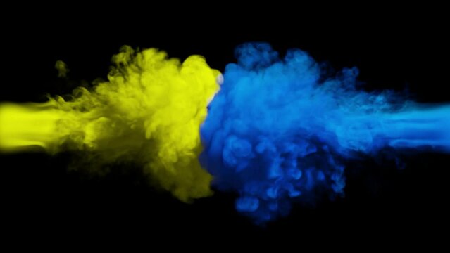 Puffs of yellow and blue smoke collide against a black background. 3d illustration. 