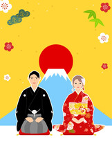 2024年年賀状、着物で年始の挨拶をする男性と女性、初日の出と富士山の背景で