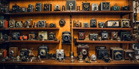 Impressive collection of vintage cameras displayed on wooden shelf with carefully maintained, concept of Photography nostalgia, created with Generative AI technology - obrazy, fototapety, plakaty