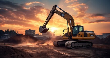 Building the Future, Busy Excavators Transforming the Construction Site in sunset background. Generative AI
