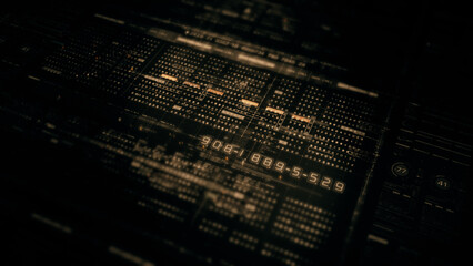 Futuristic data matrix, telemetry and encrypt numbers simulation display for head up display in cyber space abstract de-focus environment background