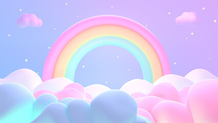 3d rendered cartoon rainbow on the clouds. - obrazy, fototapety, plakaty