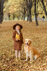 little beautiful girl in the park in autumn in golden leaves with a dog golden retriever labrador hugs and rejoices