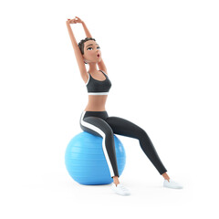 3d sporty character woman sitting on fitness ball doing stretching exercise