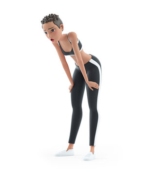 3d breathless sporty character woman after running