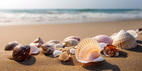 Fototapeta na wymiar Seashells on the sand of the beautiful sea coastline. Generative AI