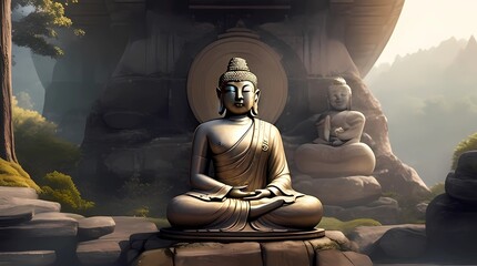 3D illustration of Buddha statue at temple. Generative ai.