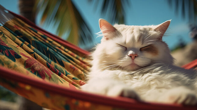 A white Persian cat lying on a colorful amaca on a tropical beach. .Generative AI