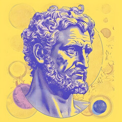 Celestial Celebrity Design: Hellenistic Inspired Handsome God-like Male Character in Risograph Print