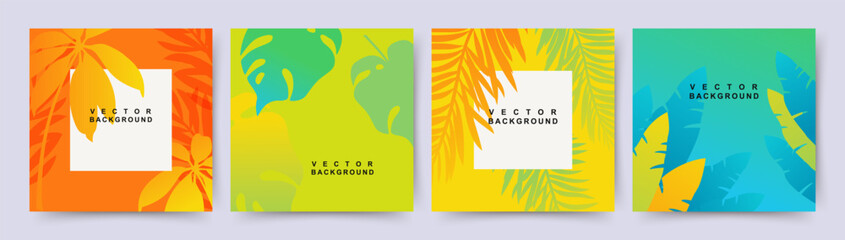 Summer backgrounds with tropical leaves in green, blue, orange and yellow colors. Beach and jungle theme. Editable vector template - obrazy, fototapety, plakaty