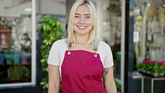 Young beautiful hispanic woman smiling confident wearing apron at flower shop