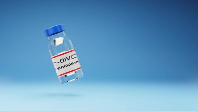Covid 19 Vaccine Bottle Spinning on a Studio Blue Background, Seamless Loop 3D Animation with Copy Space