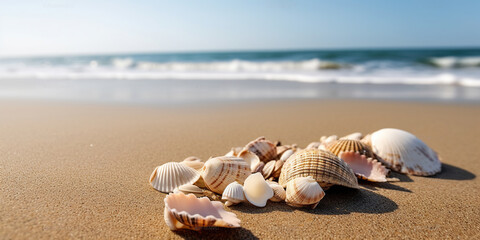 Fototapeta na wymiar Treasures of the Tides, Seashells Adorning the Sea Coastline. Generative AI