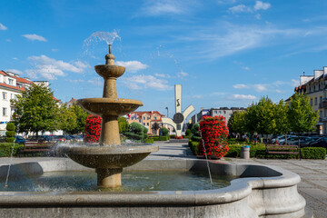Biskupiec, Poland - August 4, 2022: View of the city centre
