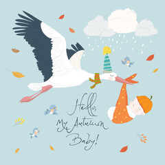 Cartoon Stork flying in the Sky with Baby. Baby Shower Card