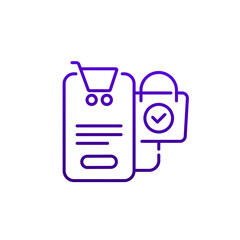 shopping in mobile app line icon on white