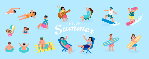 Summer beach activity icon set with people sunbathing, surfing, and swimming