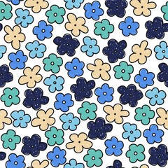 Seamless pattern with blue simple flowers. Cute girlish print. Vector hand drawn illustration. - 604338724
