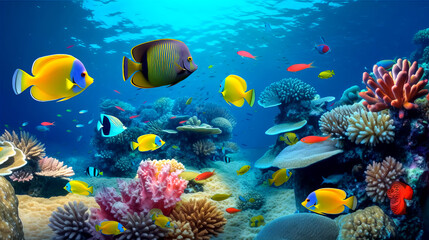 Naklejka na ściany i meble colorful fish and corals underwater.
